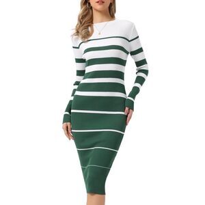 Women Striped Dress Long Sleeve Crew Neck Ribbed Knit Bodycon Dress Green
